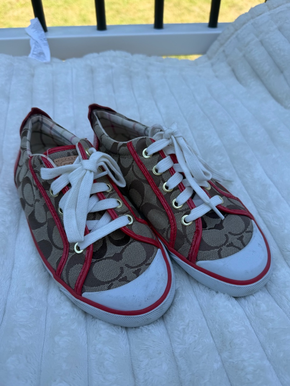 Coach Signature Canvas Low-Top Sneakers in Brown and Red Trim